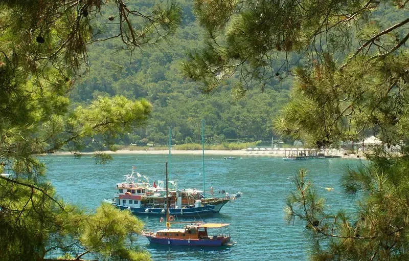 Boten in de baai bij Moonlight Park in Kemer, gezien tussen de pijnbomen