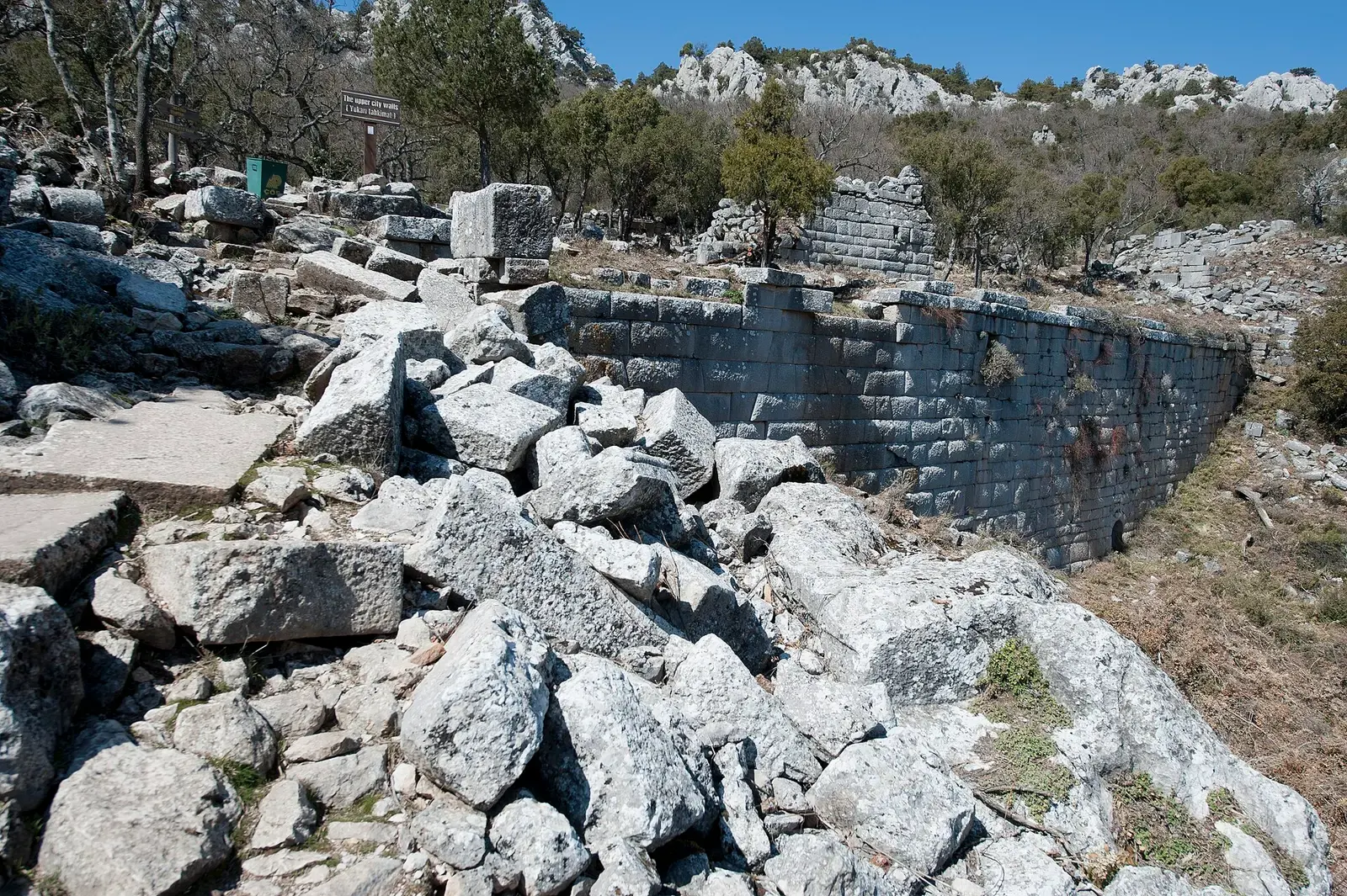 De bovenste stadsmuur van Termessos tussen de bomen