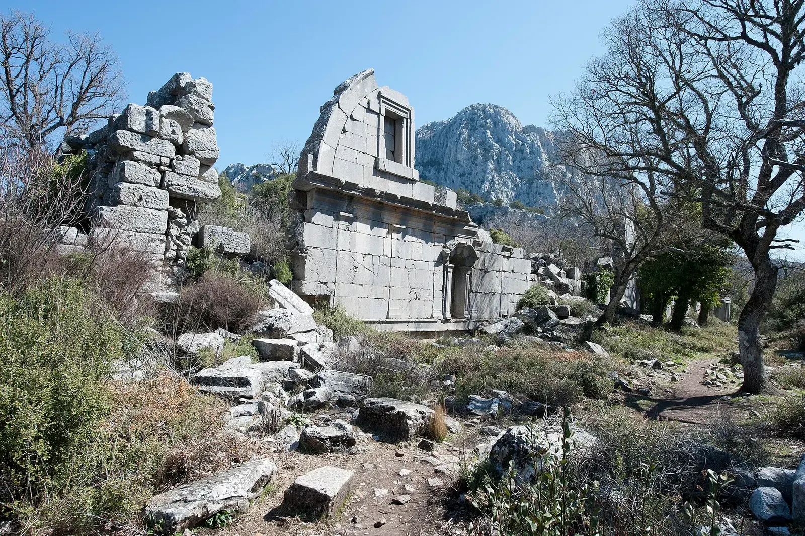 Resten van een stenen gebouw tussen de bomen in Termessos