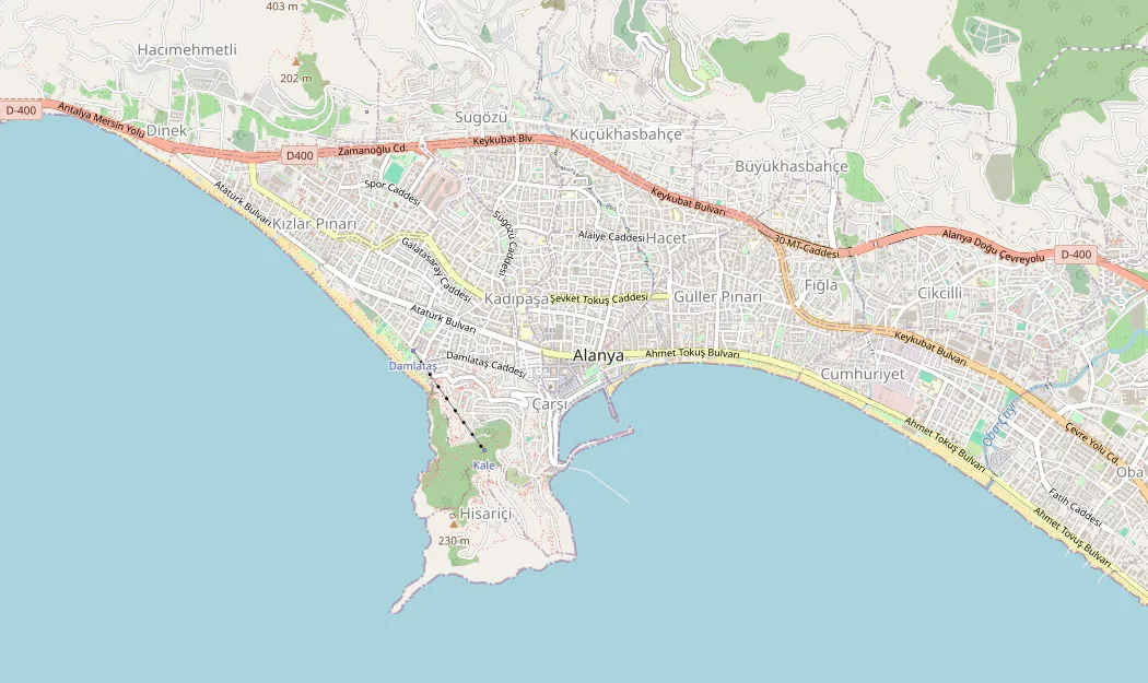 Kaart van Alanya met 5 bezienswaardigheden